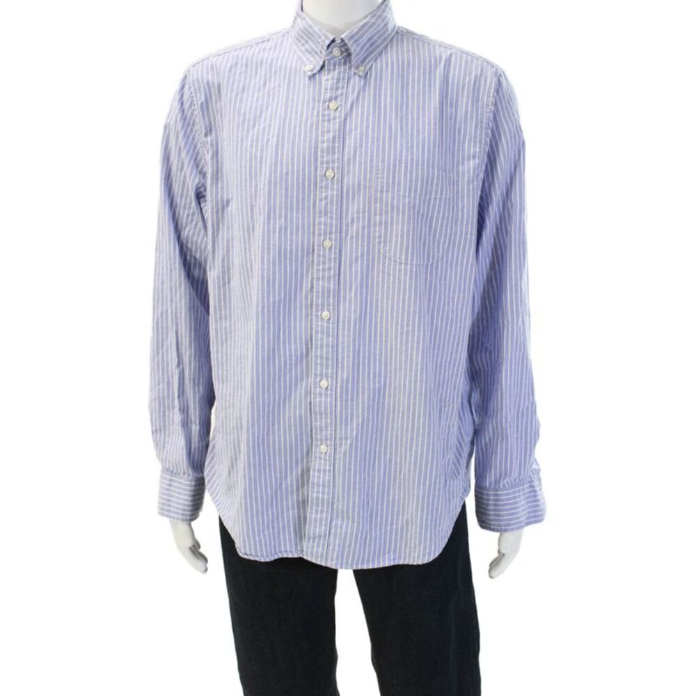 J Crew Mens Button-Down Collared Striped Light Blue Long Sleeve Cotton Size L